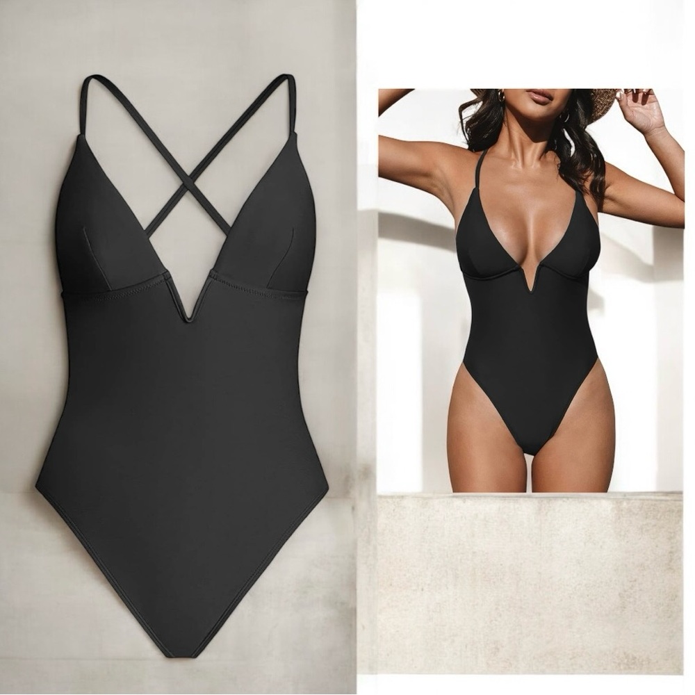Cupshe Sleek Black V-Neck One Piece Swimsuit